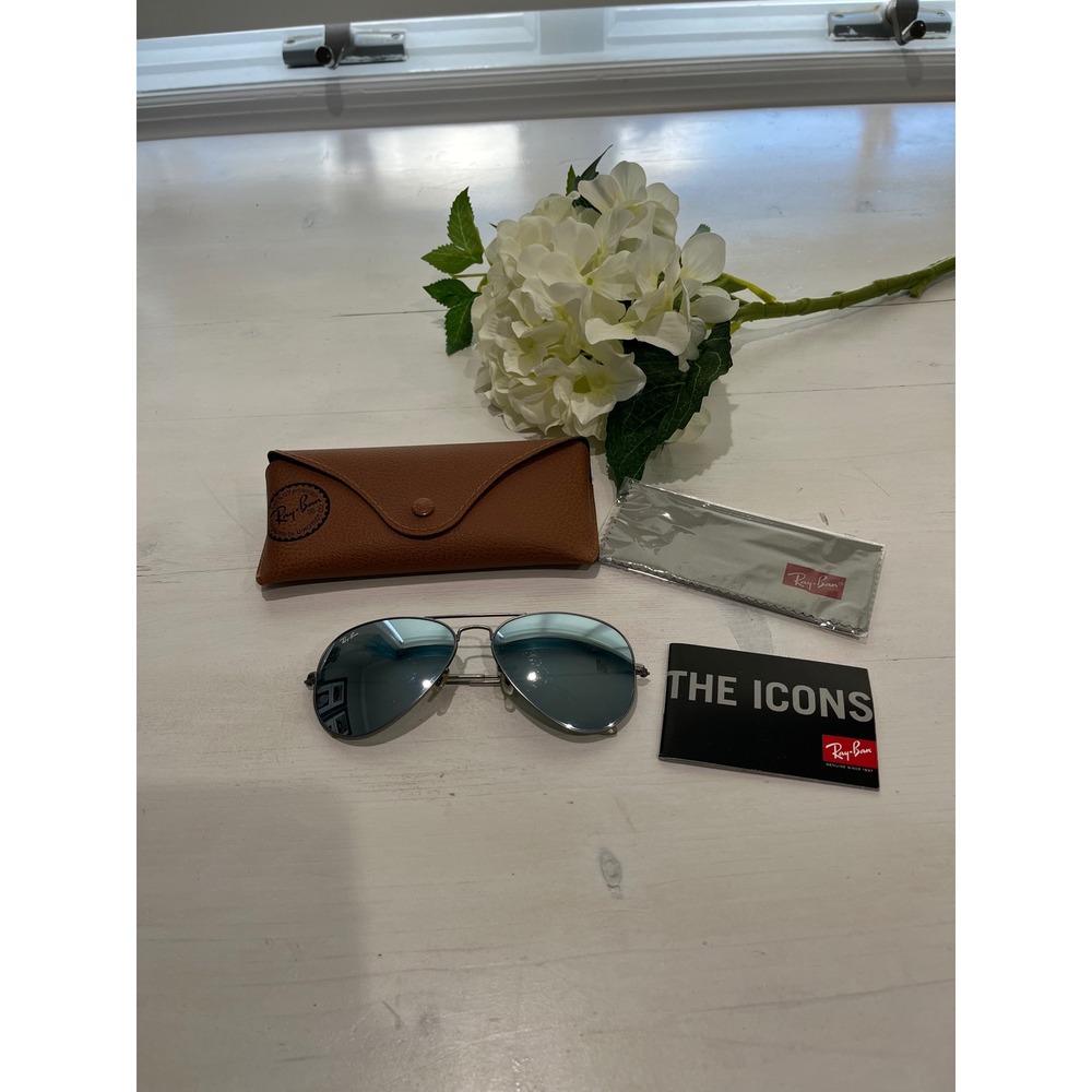 Ray Ban‎ Aviator Large Metal Sunglasses Silver Frame Blue Mirror Lens